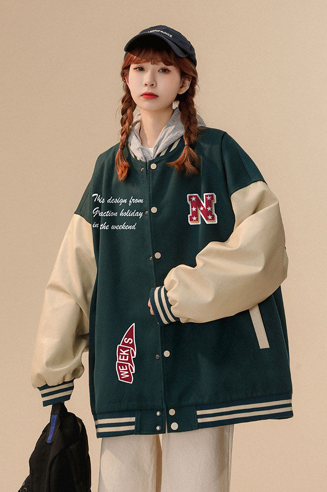 中性风2026秋季潮牌字母印花pu皮翻领棒球服夹克外套G642P85控108,男装夹克,A247A