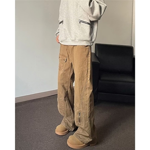 美拉德棕色小众解构设计感牛仔裤男款宽松直筒微喇工装裤B0043图片