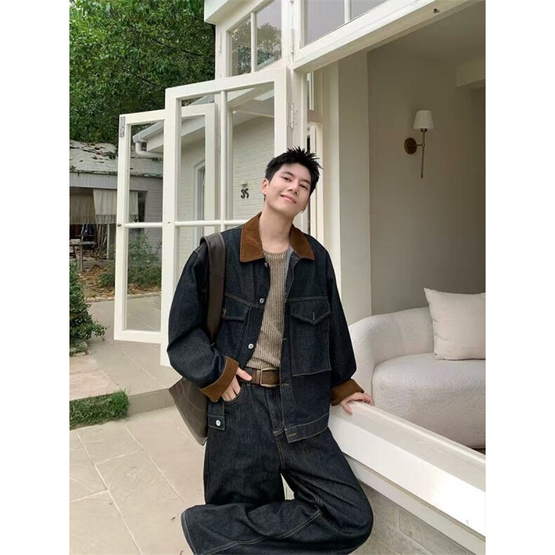 美式潮牌复古巴恩风黑色牛仔外套工装vintage翻领夹克男J96-P85,男装工装外套,星座310A-4