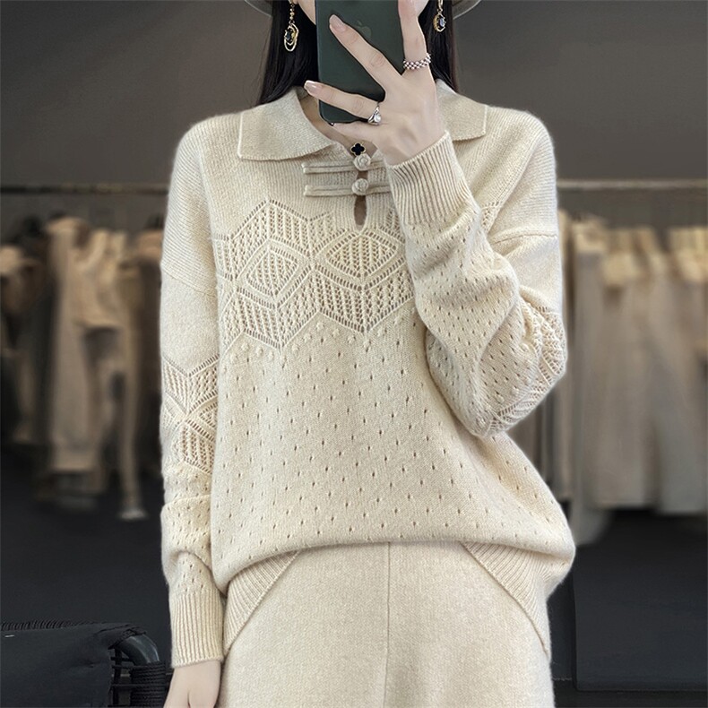 毛衣女新款2024秋冬套头翻领盘扣宽松慵懒针织上衣,女装羊毛衫,江南羊绒