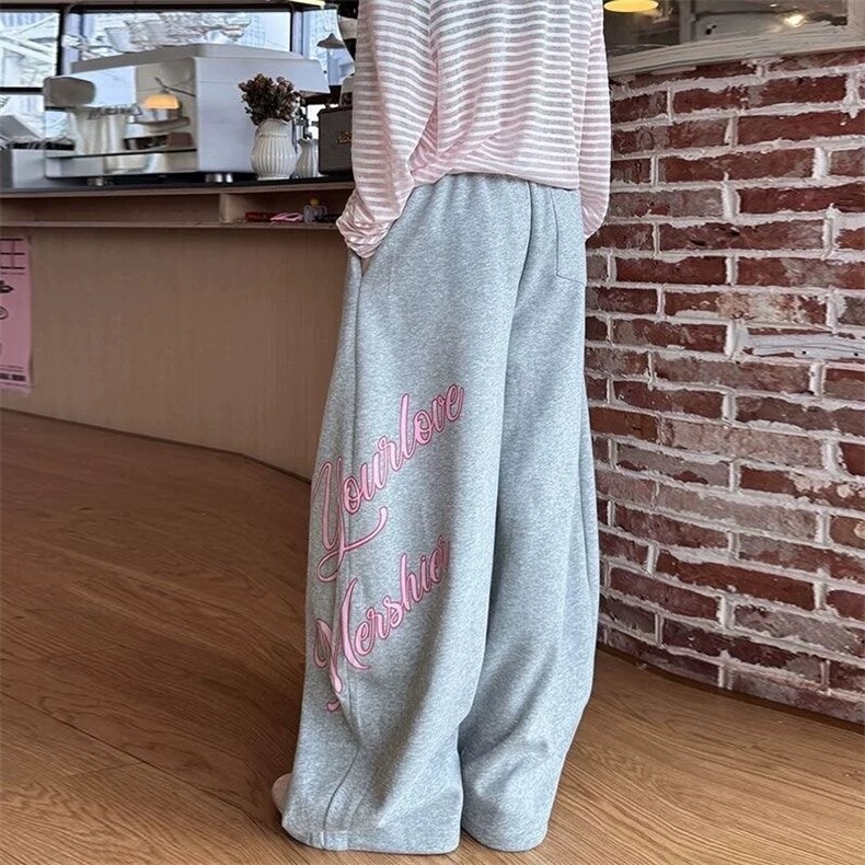 松弛感字母烫钻运动卫裤女宽松阔腿裤爵士舞休闲裤子拖地美式，女装休闲裤，星座1210-1