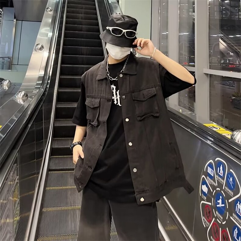 美式高街牛仔马甲男韩版潮无袖2024秋冬新款ins宽松外套W5003-P52图片