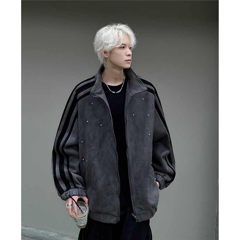 侧边条纹棒球服外套男2025春秋美式宽松休闲立领夹克JK706-P78,男装夹克,电商C307