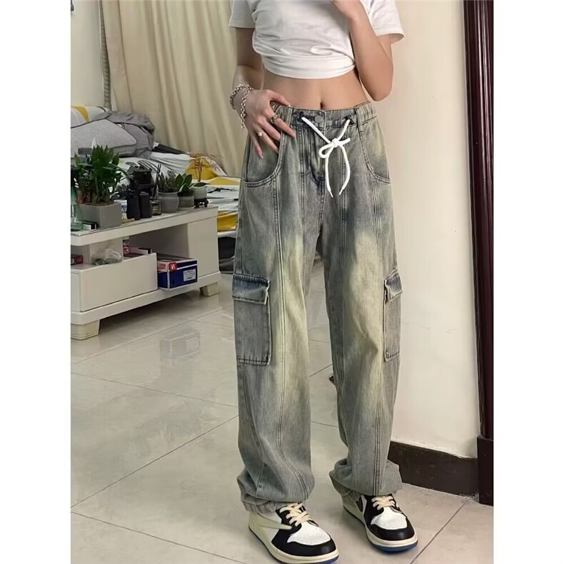 美式复古做旧黄泥染抽绳工装牛仔裤男女款松紧腰宽松休闲直筒长裤,男装牛仔裤,星座506A