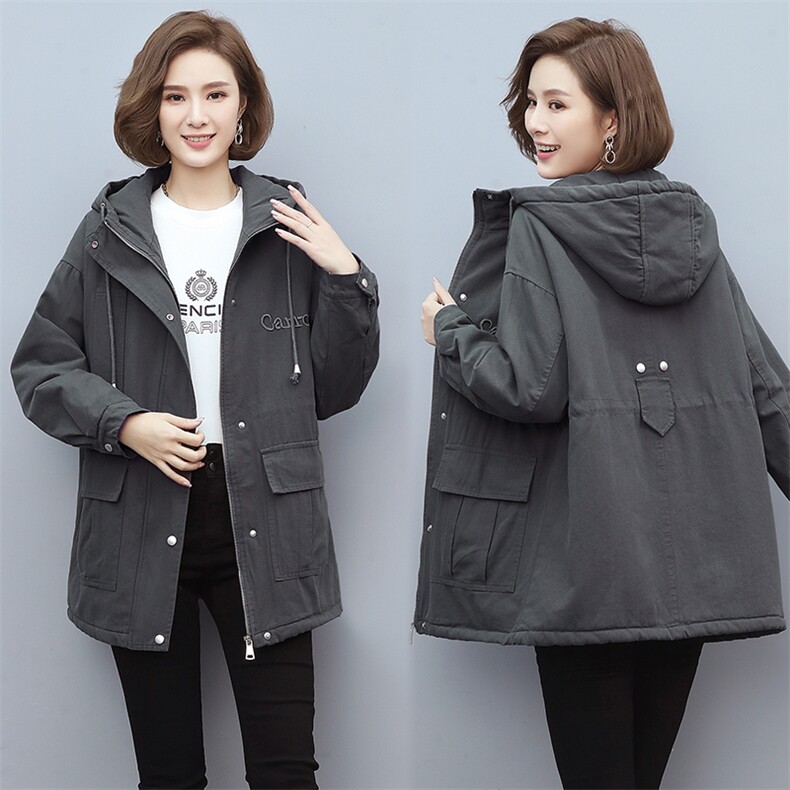 2020冬季新款中长款刺绣加绒加厚派克服连帽保暖舒适外套，女装派克服，独衣靓