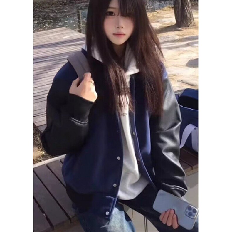 复古街头棒球服女春秋季宽松休闲短款拼色PU皮夹克装外套JV831,男装夹克,星座1116A（原606A-3）