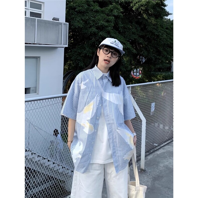 和平鸽印花竖条纹夏季短袖衬衫男女休闲宽松小众设计感衬衣外套潮图片