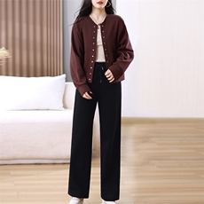 时尚两件套装女春秋新款休闲宽松棒球服开衫直筒裤中老年妈妈装潮，女装套装/套裙，璐依舞