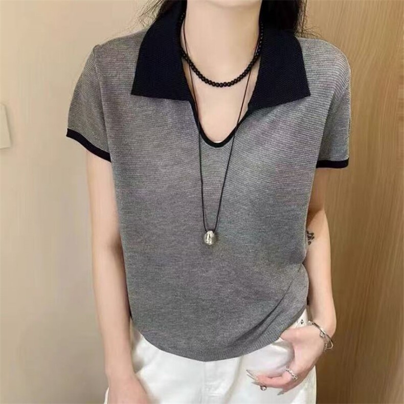 撞色翻领短袖t恤女夏季2205新款打底衫洋气大码女装冰丝针织上衣,针织衫/毛衣,萱芳婷羊绒