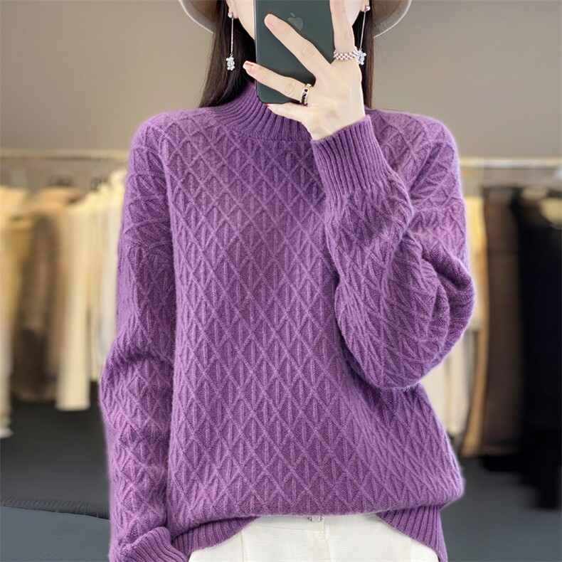 时尚潮流百搭保暖纯毛加厚菱形三角半高领羊毛衫女气质,女装羊毛衫,大美人高端店