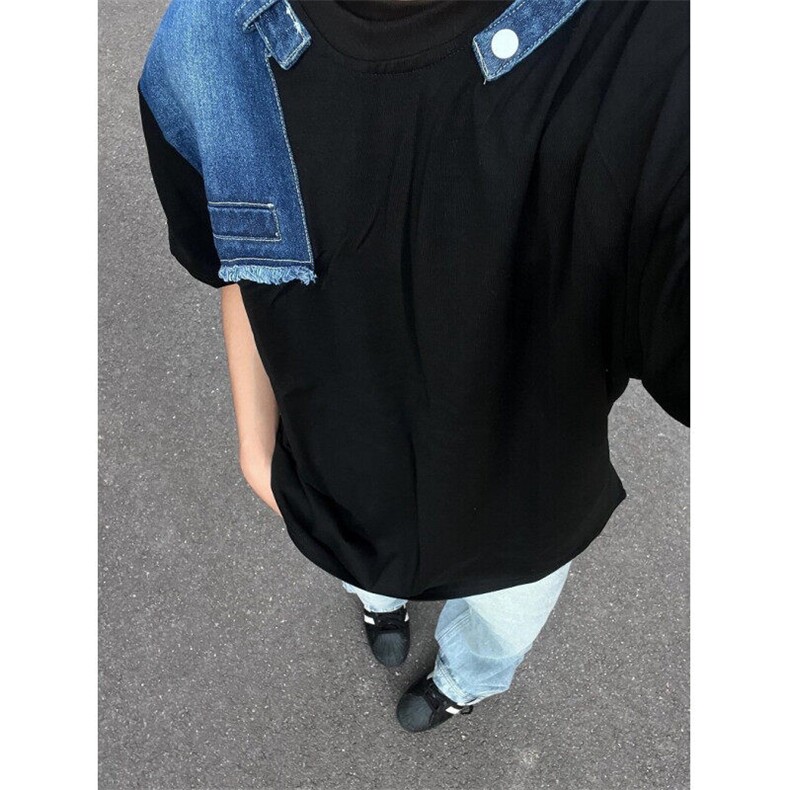 牛仔拼接重磅短袖男夏季新款设计感小众七分袖纯棉T恤TW39,男装T恤,星座1116A（原606A-3）