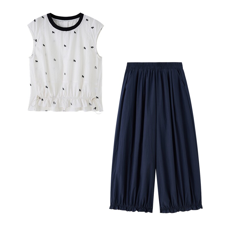 2026年夏季刺绣撞色小衫裤子套装两件套女,女装套装/套裙,依路服饰