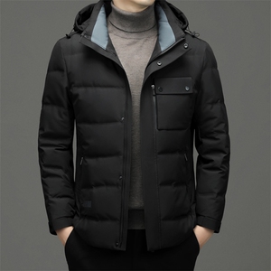 冬季新款男士商务休闲羽绒服中年连帽纯色厚款保暖外套爸爸装图片