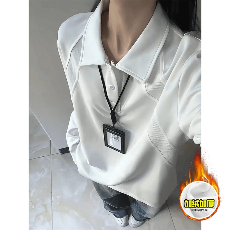 抖音得物高品质美式高街重磅曼巴棉结构螺纹拼接翻领卫衣长袖T恤，男装T恤，电商A486