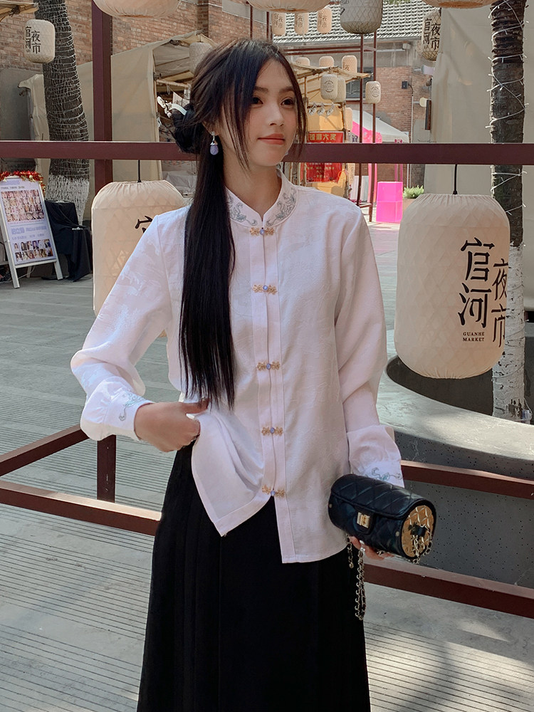优雅新中式立领提花衬衫修身显瘦长袖上衣搭配高腰马面裙,女装衬衫,诺蝶