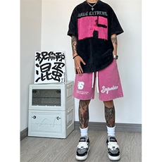 港风纯棉320G重磅水洗做旧印花短裤A014-DY2371-P50控68，男装牛仔裤，电商A014