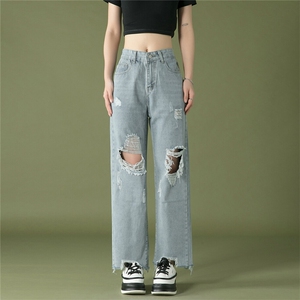 k1019-p50-控78 M-5XL 现货oversize cleanfit风黄泥牛仔裤破洞图片