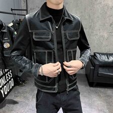 1店主风秋季修身皮衣男士翻领亮色辑明线夹克外套301B-PY12，男装皮衣，电商C301B