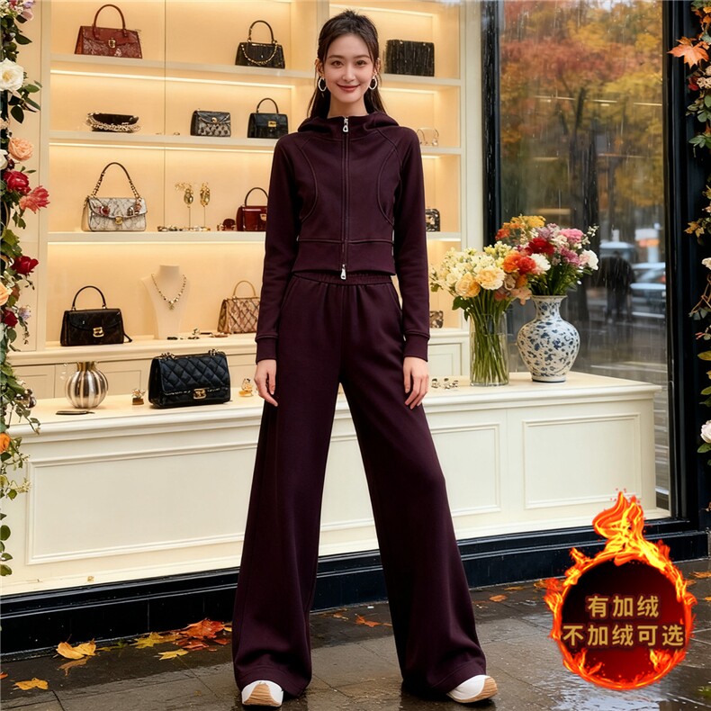 韩系修身显瘦运动套装女秋冬新款拉链开衫连帽卫衣直筒长裤两件套,女装套装/套裙,江南