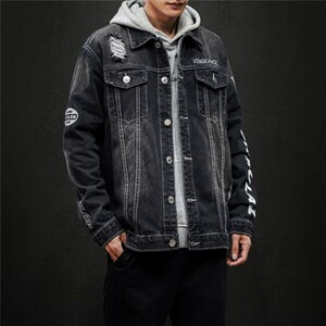 jk818-p80 M-5XL黑墙ins牛仔夹克绣花破洞大码男日系CITYBOY图片