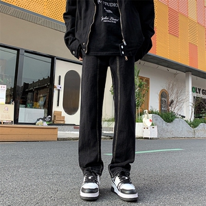 美式vibe裤脚拉链牛仔裤男高街潮牌黄泥色修身显瘦裤图片