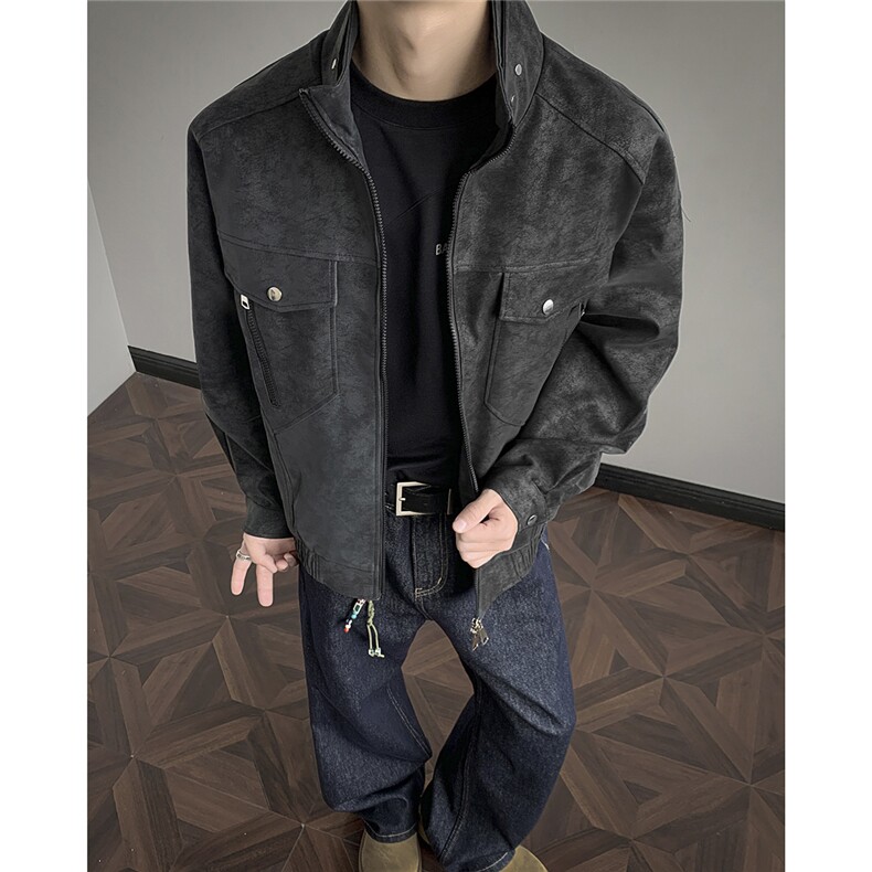 美式皮衣外套男春秋款潮牌立领麂皮绒夹克工装痞帅棒球服JK61-P90,男装皮衣,星座308B-2