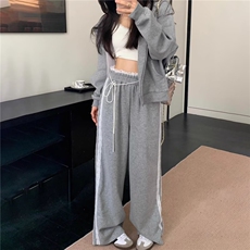 蕾丝花边拼接条纹阔腿裤女秋季新款小个子高腰直筒休闲运动裤，女装休闲裤，星座506A