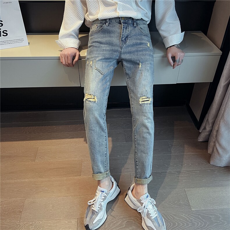 B230时尚百搭复古做旧破洞补丁修身小脚牛仔裤男长期款7706P85,男装牛仔裤,电商B230