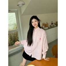 简约条纹长袖衬衫美式复古趣味印花学院风宽松情侣外套秋CS2263，男装衬衫，星座516A