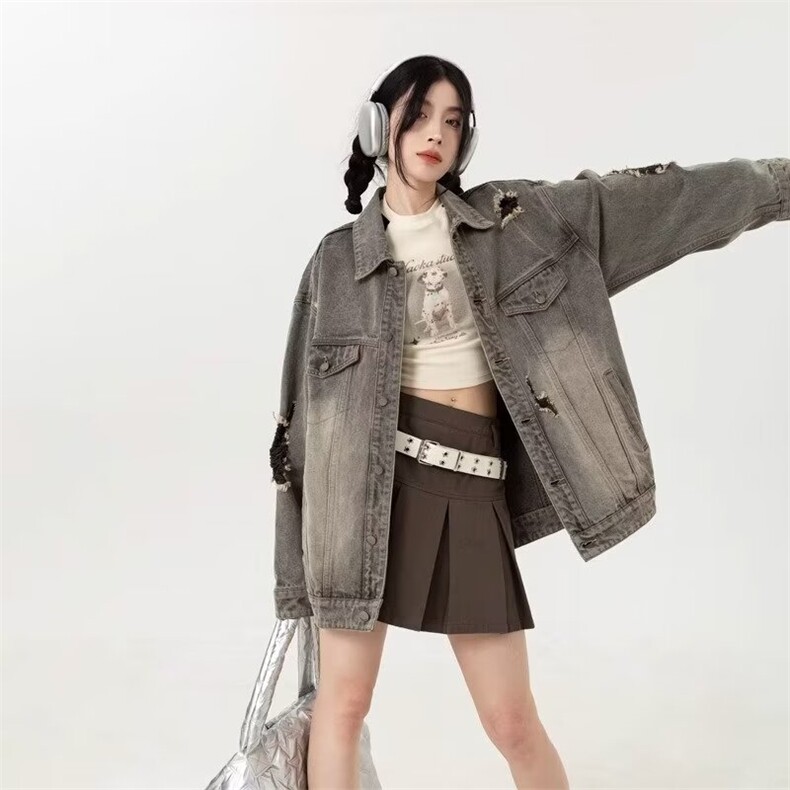现货美式复古设计感牛仔外套女春秋宽松百搭水洗破洞情侣款夹克潮,男装工装外套,星座302B