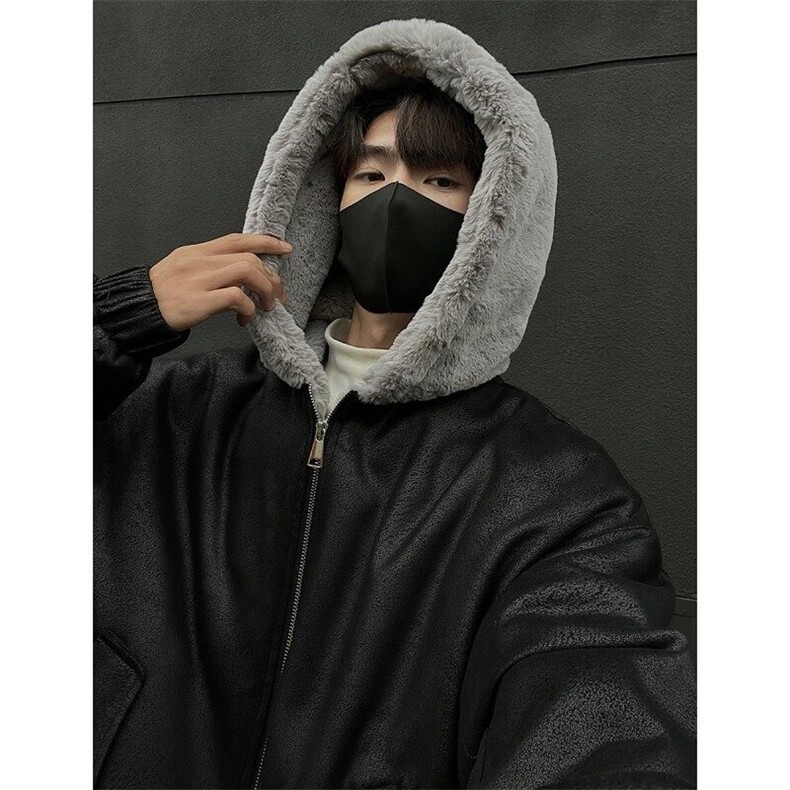 xz514-816-P125新款上架【座山雕】毛绒连帽棉服加绒黑墙灰,男装棉衣,星座514