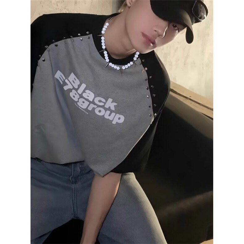 网络图现货！插肩袖重磅T恤铆钉拼色高街设计小领口短袖RT36-P48,男装T恤,星座1005-6