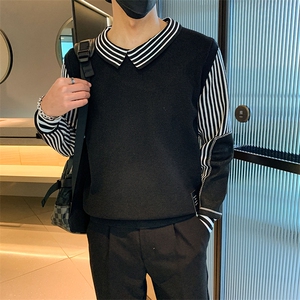 秋冬季节新款拼接条纹假两件衬衫男士时尚潮流毛衣MY0847-P55图片