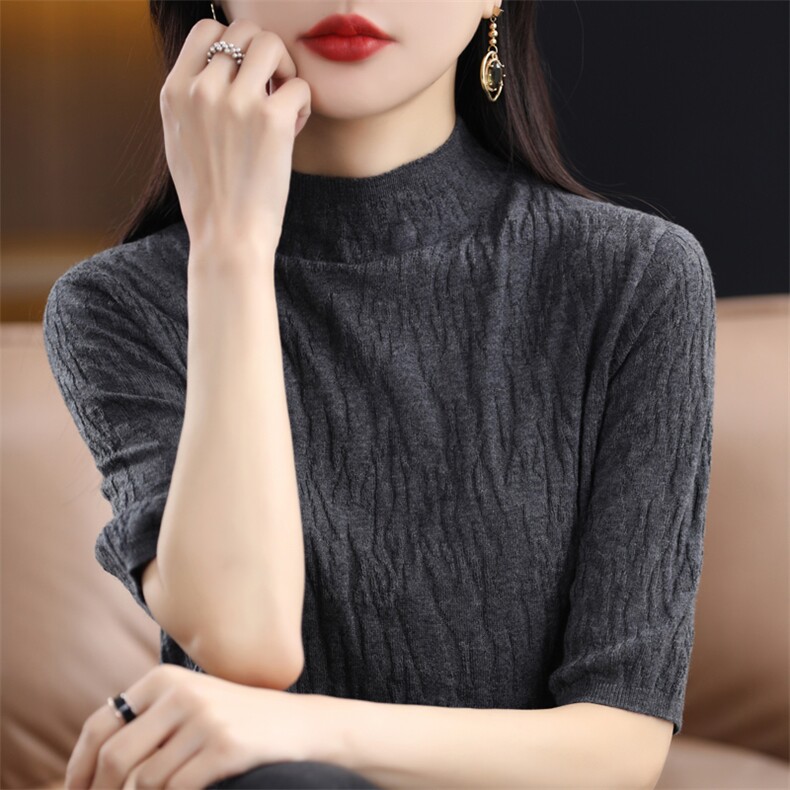 夏季新品100羊毛衫半高领五分袖针织衫女圆领短款高级感打底衫潮,女装T恤,暖娇绒包芯纱店