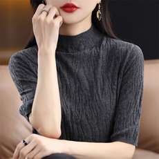 夏季新品100羊毛衫半高领五分袖针织衫女圆领短款高级感打底衫潮，女装T恤，暖娇绒包芯纱店
