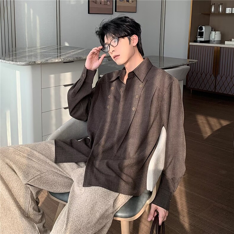 日系复古解构压褶长袖衬衫男春秋老钱风双排扣简约通勤翻领衬衣，男装衬衫，星座506A