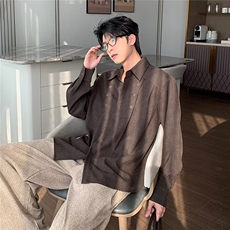 日系复古解构压褶长袖衬衫男春秋老钱风双排扣简约通勤翻领衬衣，男装衬衫，星座506A