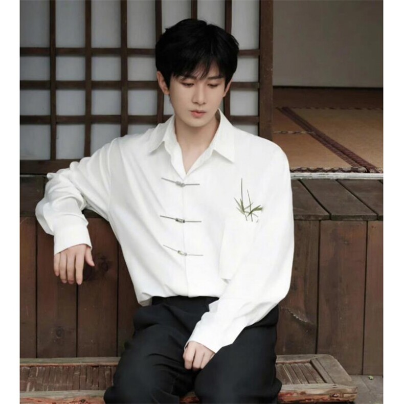 成毅同款衬衫男长袖白风竹叶衣服新中式男装穿搭衬衣莲花C6694，男装衬衫，星座601-2