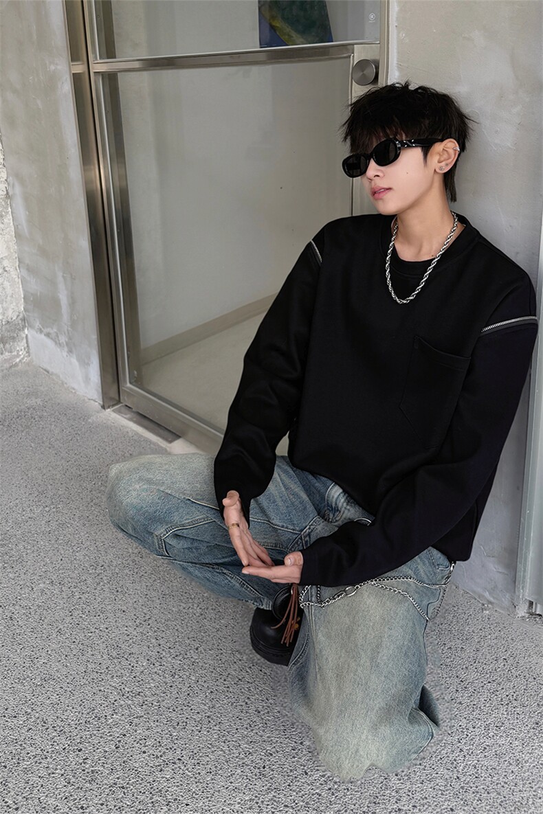 春夏新款韩版休闲简约打底长袖T恤打底卫衣肩部拉链装饰卫衣P49,男装T恤,电商B319