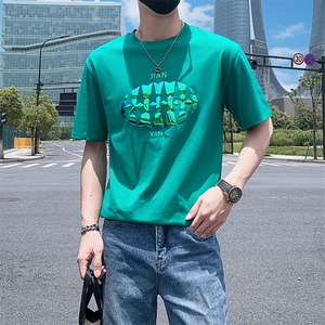 绿色2022精神小伙修身男士潮流短袖T恤社会t 6617-P45控68图片