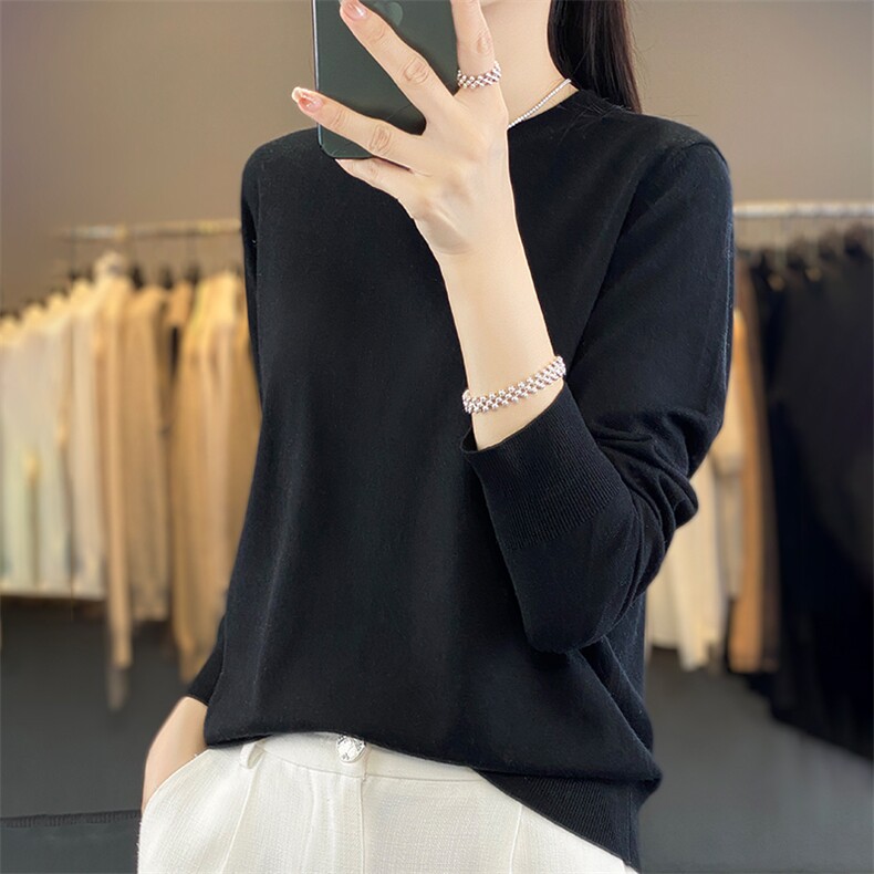 2025春季精纺薄款圆领打底衫上衣女纯色宽松百搭毛衣配大衣,针织衫/毛衣,暖烁特种纱工厂店