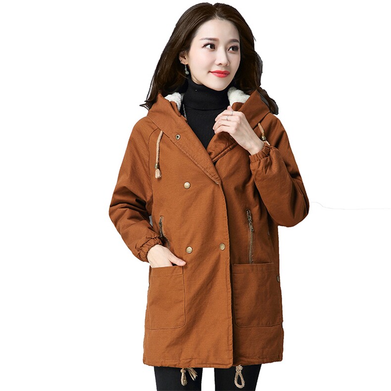 棉字母纯色连帽棉衣/棉服短外套拉链2020年冬季长袖开衫加厚中长款宽松口袋,女装棉衣/棉服,独衣靓