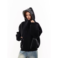 F39-P54重磅复古明线高领连帽卫衣男女2025春秋机能风垫肩棒球服，女装职业装，电商B323A