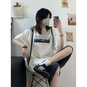 港风设计印花圆领短袖男女休闲insT恤百搭潮情侣小清新五分袖图片