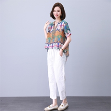 2025新款中老年妈妈夏装短袖t恤女洋气国风印花天丝棉中长款衬衫，女装套装/套裙，叶笙衣