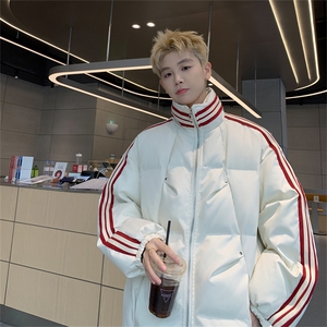 100聚酯特P95控158三条杠棉服冬外套情侣格子棉衣立领面包服MY243图片