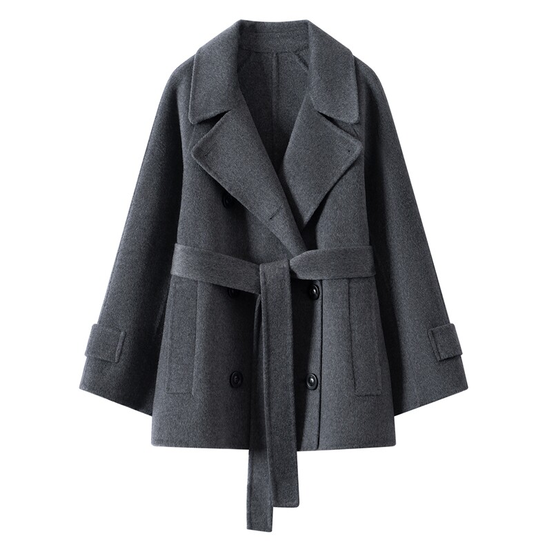 2025年秋季通勤长袖翻领领口双排扣插肩袖时尚百搭优雅，女装毛呢外套，织美生