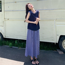甜美花边格纹背心半身裙套装女夏2025新款今年流行绝美俏皮两件套，女装套装/套裙，2C325