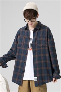 2021秋季新无影墙港风休闲大码男日系宽松格子衬衫C508-P40图片