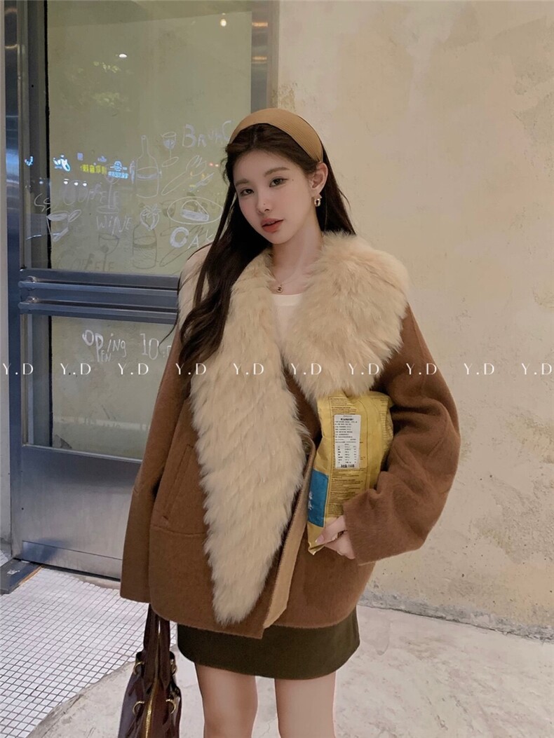 一粒扣可拆卸狐狸毛车条大毛领保暖百搭羊毛外套(配毛领，女装羊绒大衣，依嘟服饰
